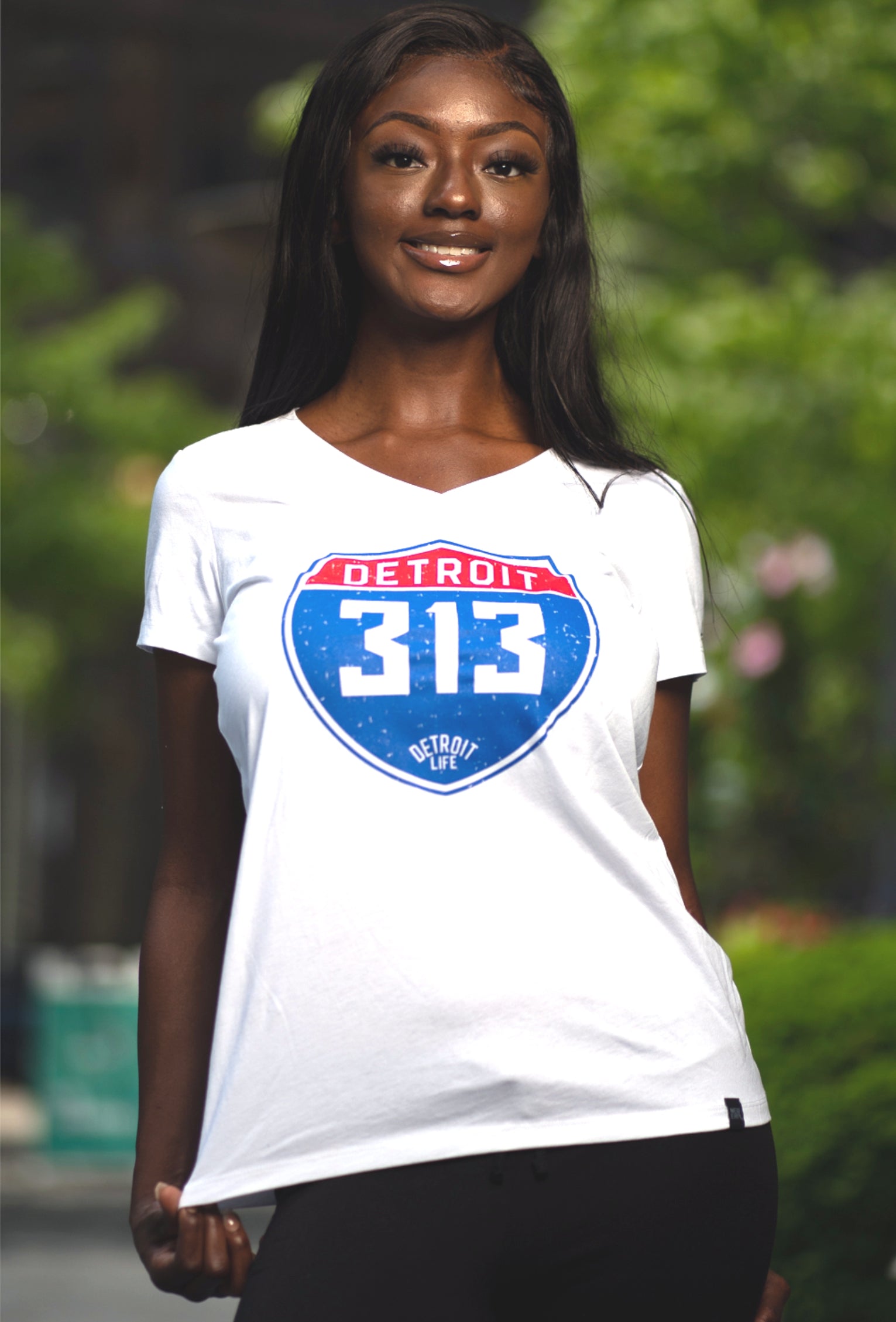 Detroit 313 Interstate Sign T Shirt Women-S / White/Red/Blue