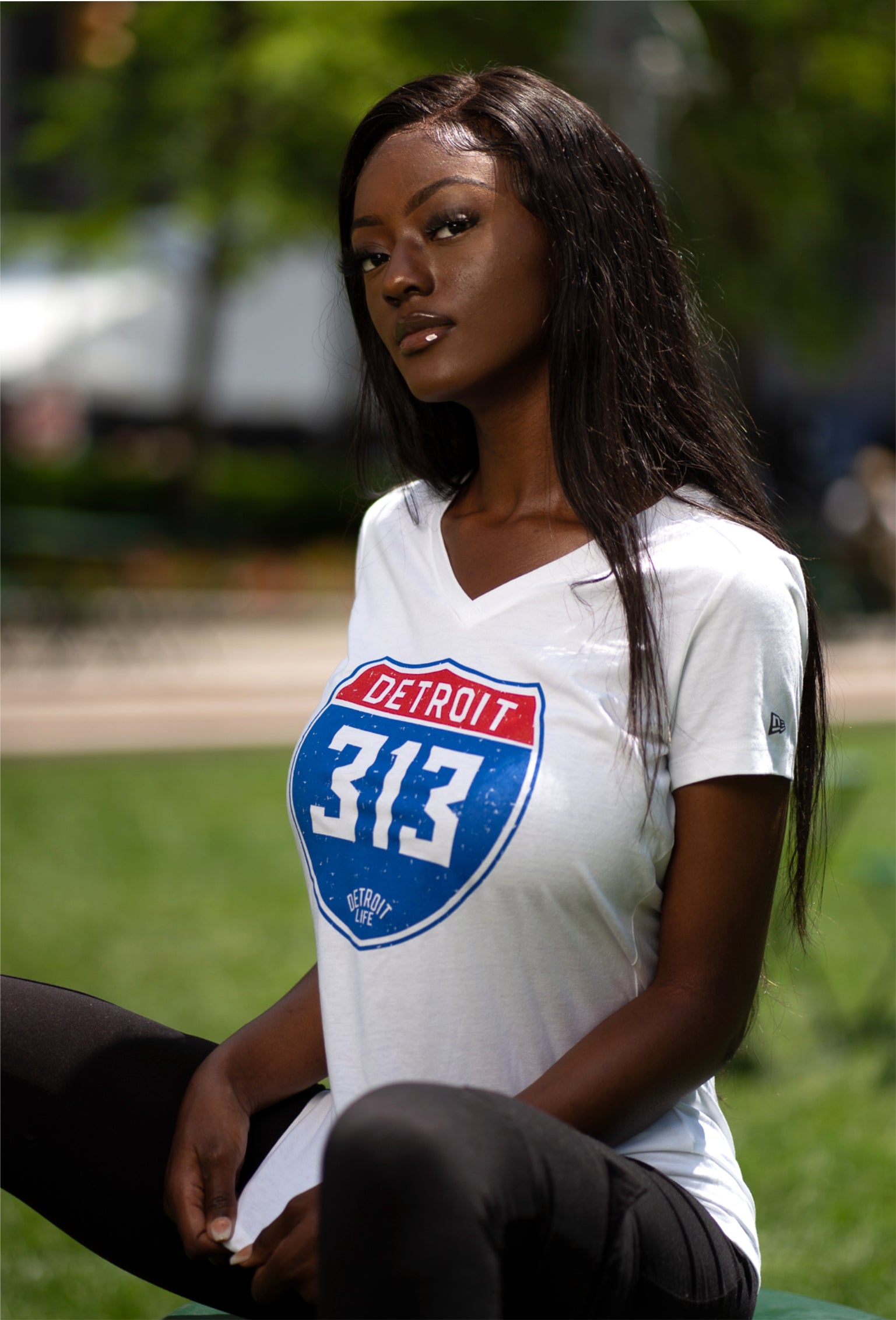 Detroit 313 Interstate Sign T Shirt Women-S / White/Red/Blue