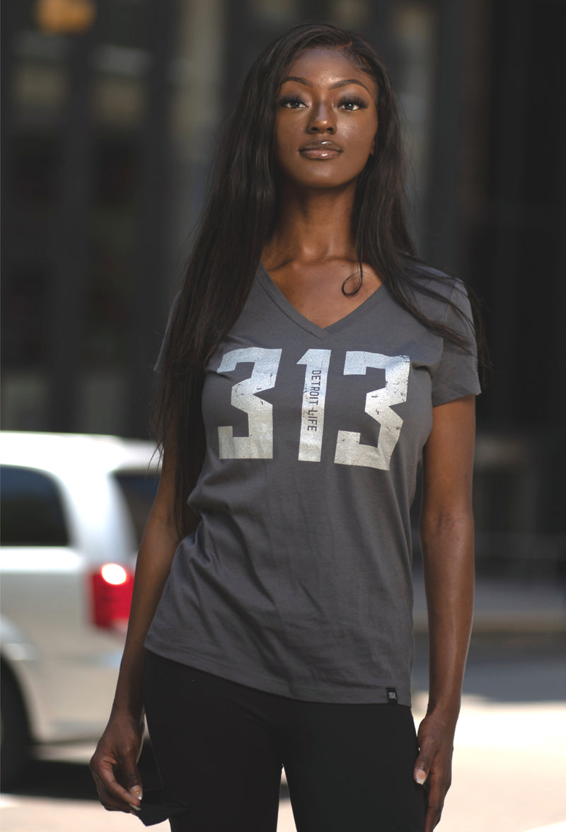 Womens Detroit Life 313 T Shirt S / Graphite/Silver