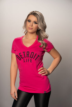 WOMENS DETROIT LIFE PINK V T SHIRT